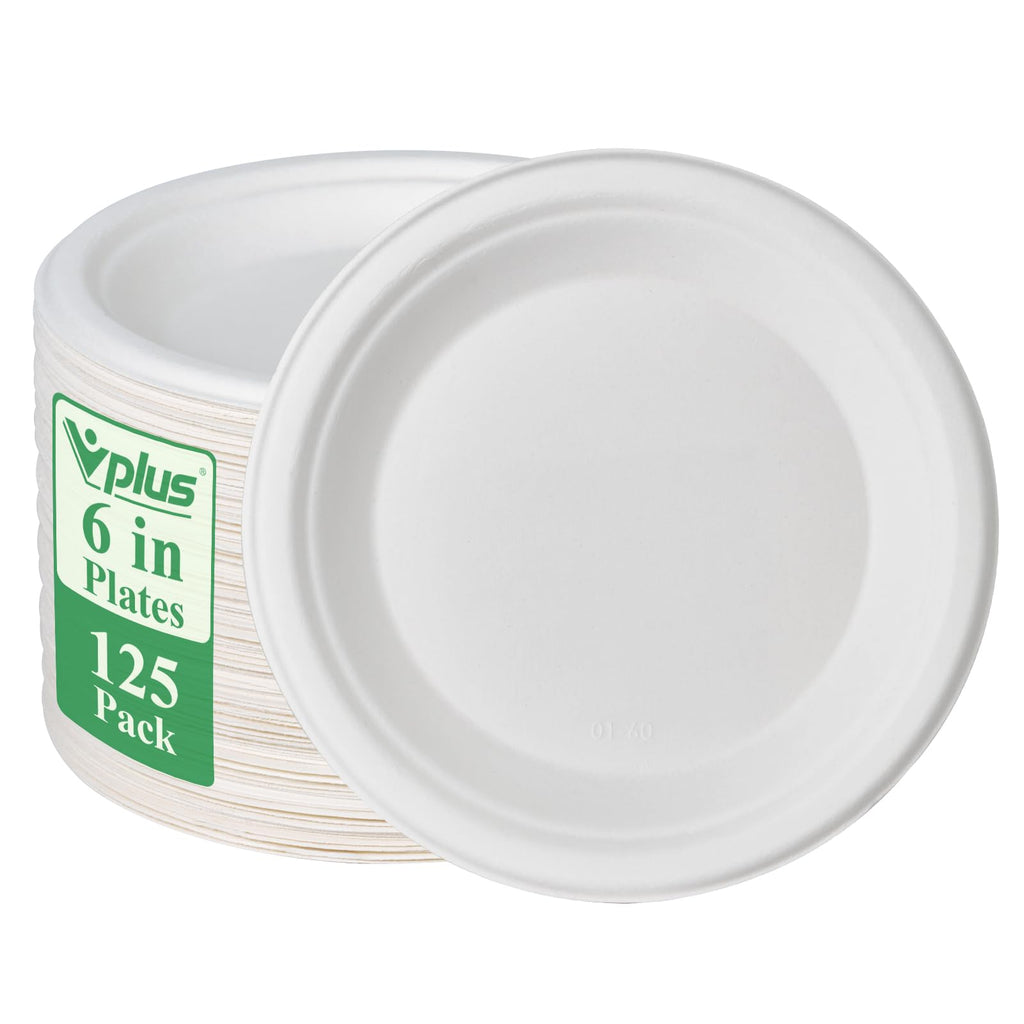 Vplus 150 Pack Paper Plates 9 inch 100% Compostable, Heavy-Duty Disposable Paper Plates Bagasse Natural Biodegradable Eco-Friendly Sugarcane