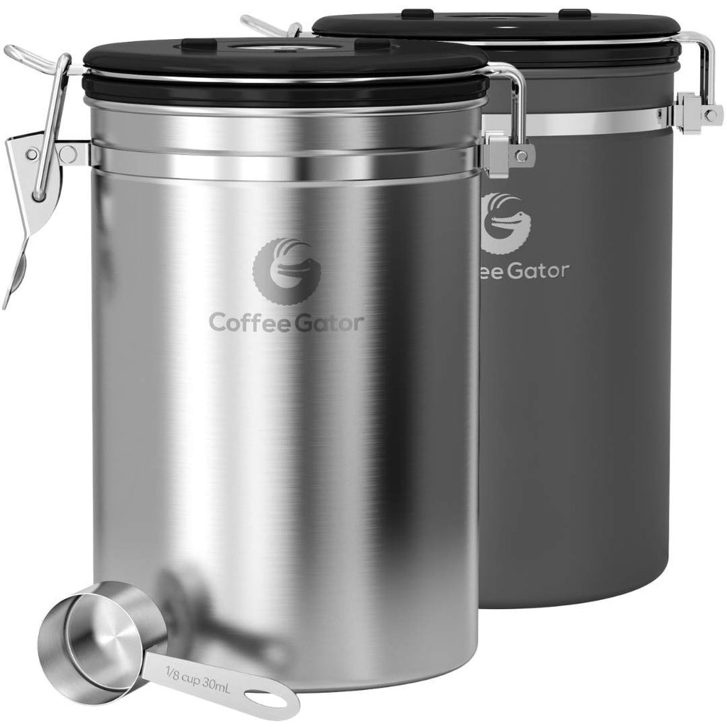 Coffee Gator Stainless Steel Canister - Medium 16oz, Gray Coffee Grounds and Beans Container with Date-Tracker, CO2-Release Valve, and Measuring Scoop - Ideal Coffee Lovers Gifts