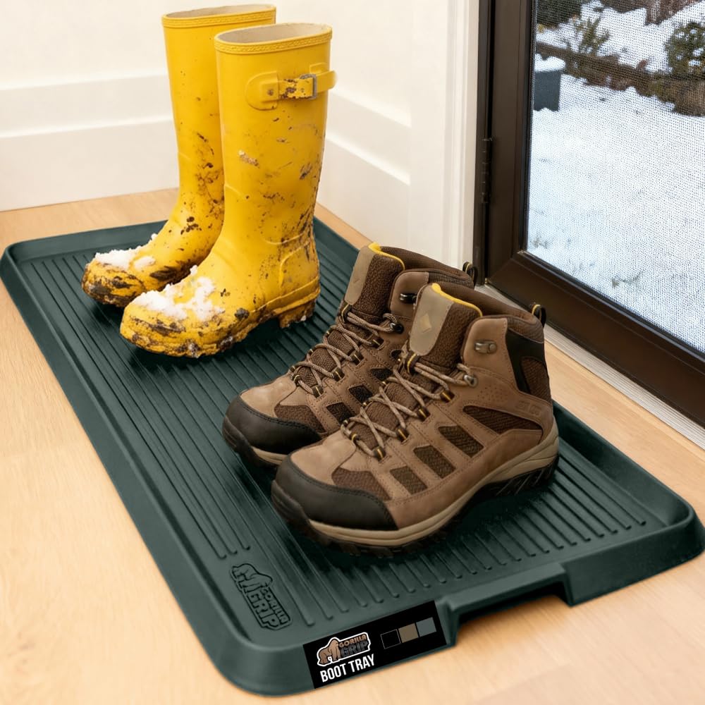 GORILLA GRIP Natural Rubber Indoor Outdoor Boot Tray for Shoes, 32x16, Waterproof Winter Mat with Raised Edges, Handles, Tear Resistant Heavy Duty Home Garage Floor Mats, Easy Clean Shoe Trays, Black