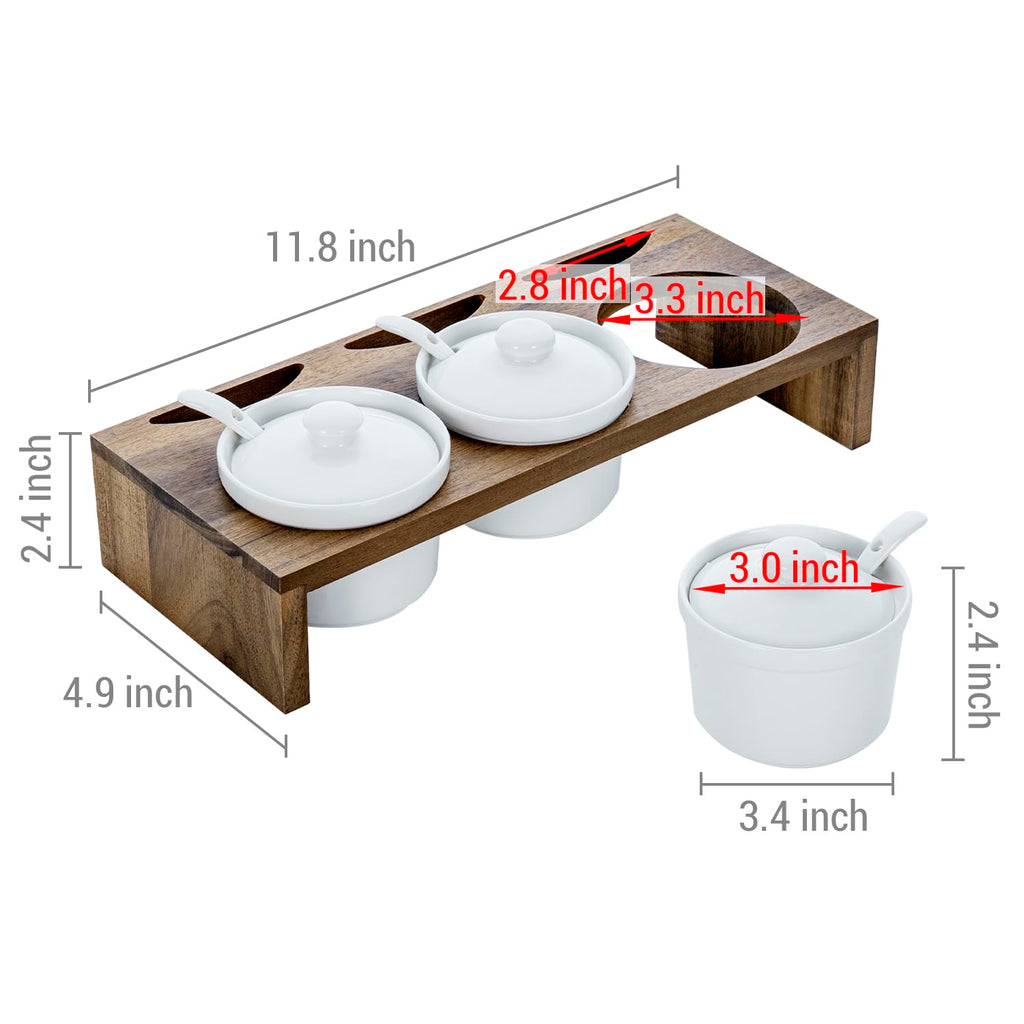 MyGift 10 Pcs Sauce Serving Dish, Hosting Party Essentials Host Gift, 3 Ceramic Ramekin Chip Dip Bowls with Lids & Spoons, Premium Bamboo Server Tray, Condiment Pot Entertaining