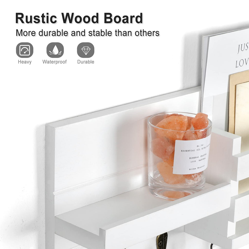 Mail Organizer for Wall Mount – Key Holder with Shelf Includes Letter Holder and Hooks for Coats, Dog Leashes – Rustic Wood with Flush Mounting Hardware (16.5” x 8.7” x 3.5”)