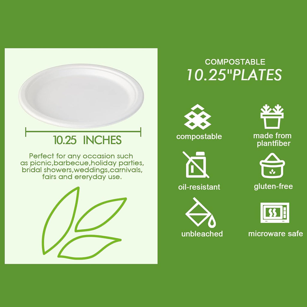 Vplus 150 Pack Compostable Disposable Paper Plates 10.25 inch and 240 Pack 16 oz Compostable Paper Cups