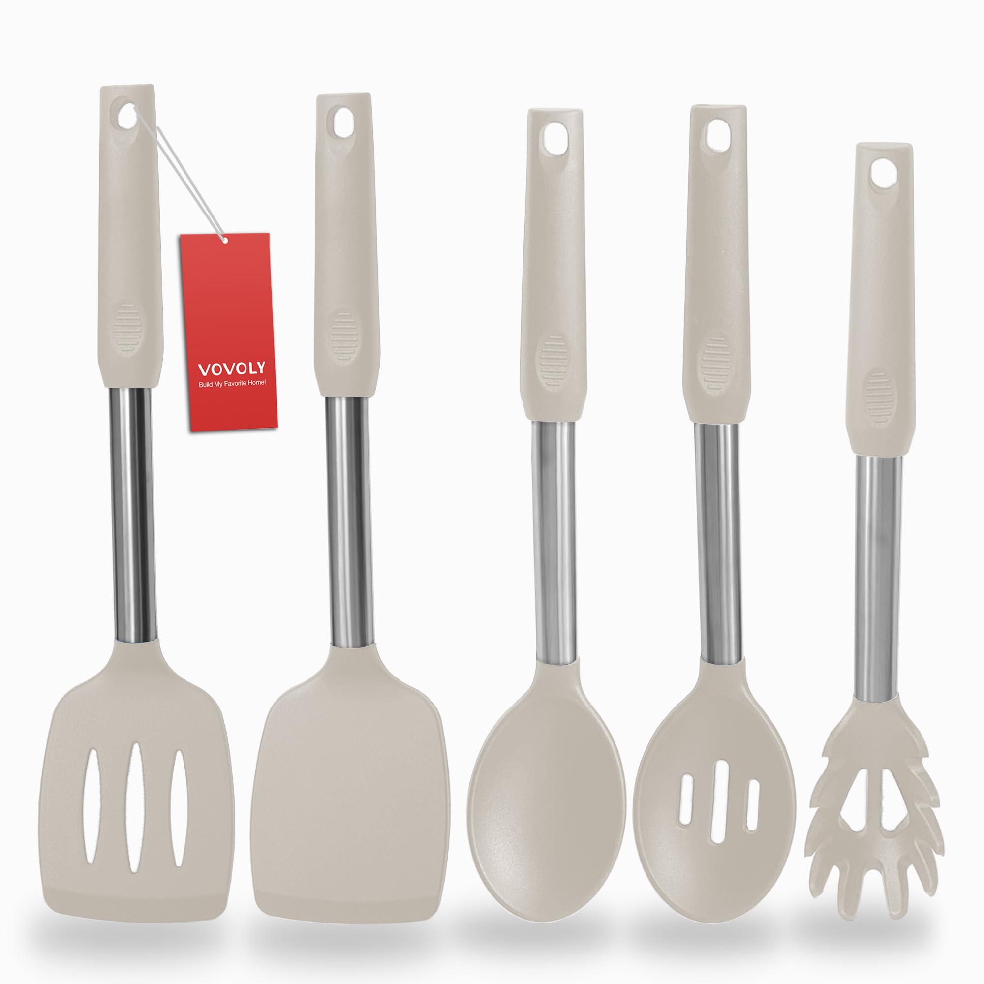 Silicone Spatula and Cooking Spoon,5 Pack Non-Stick Cooking Utensils for Kitchen，Heat Resistant Solid & Slotted Spoons and Spatulas, Stainless Steel Handle Coated with Silicone,Black