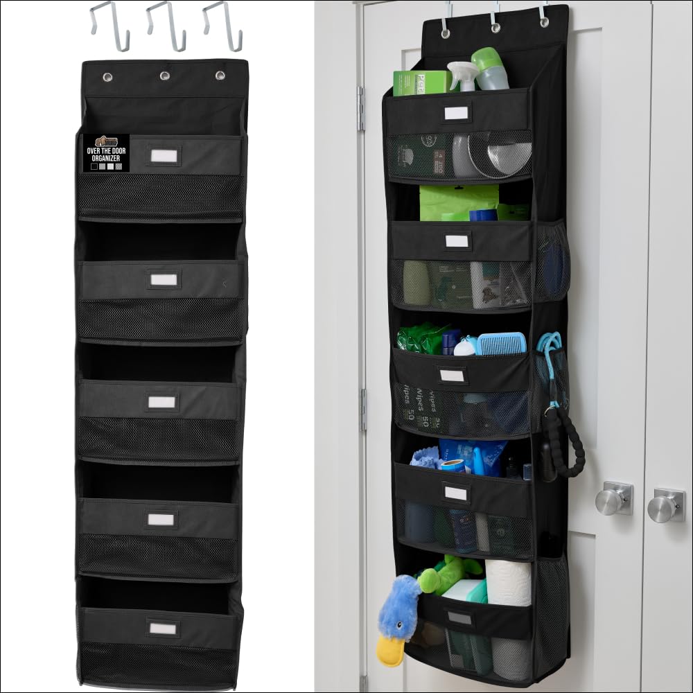 GORILLA GRIP Over the Door Shoe Organizer, 24 Large Breathable Mesh Pockets, Space Saving Hanging Storage Holder, Closet Rack Hanger Holds Up to 40 lbs, Hangs on Closets for Shoes, Accessories, Black
