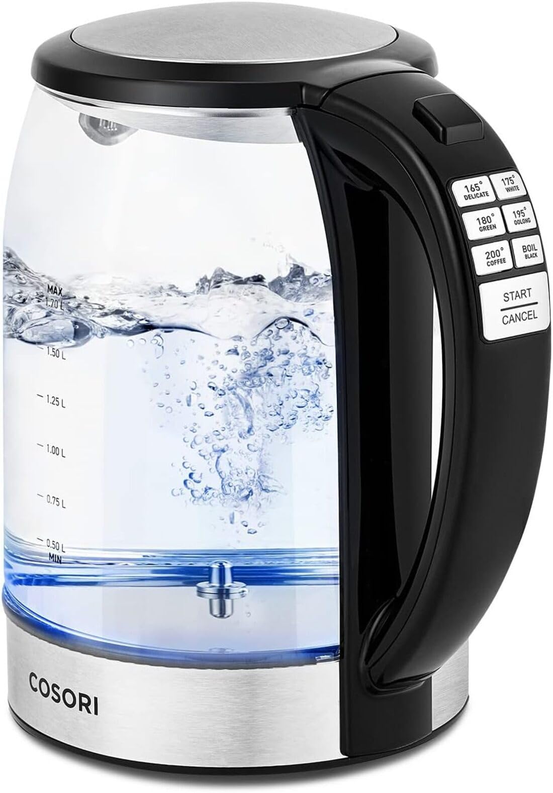 Cosori Electric Kettle, No Plastic Contact With Water, Wide Mouth For Easy Cleaning, Auto Shut Off, 1.7L Tea Kettle & Hot Water Boiler, Water Heater & Teapot, Borosilicate Glass, Black, 1500W