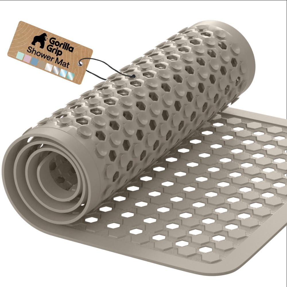 GORILLA GRIP Patented Bath Tub Shower Mat, Machine Washable Bathtub Floor Liner Mats, Suction Cups and Drain Holes to Keep Tubs Clean, Soft on Feet, Bathroom Essentials, 35x16 Inch, Clear