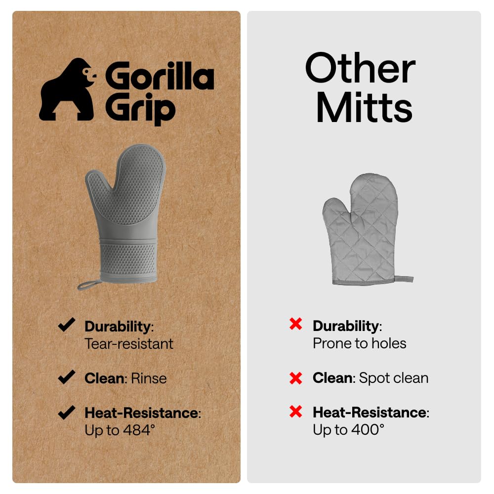 GORILLA GRIP BPA-Free Soft Silicone Oven Mitts, Heat Resistant and Waterproof Cooking Safety Gloves, Thick Cotton Lining, Flexible Gripping, Kitchen Potholders Set, for Grilling, BBQ, 12.5x8.3, Black