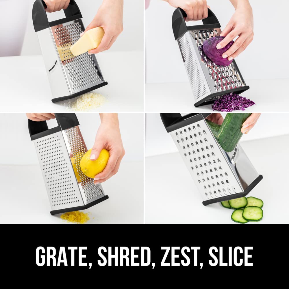 GORILLA GRIP 4-Sided Stainless Steel Cheese Grater With Container, 100% BPA-Free Box Grater, Slip Resistant Base and Handle, Grate Parmesan, Hard Cheeses, Shred Vegetables, Dishwasher Safe, Black