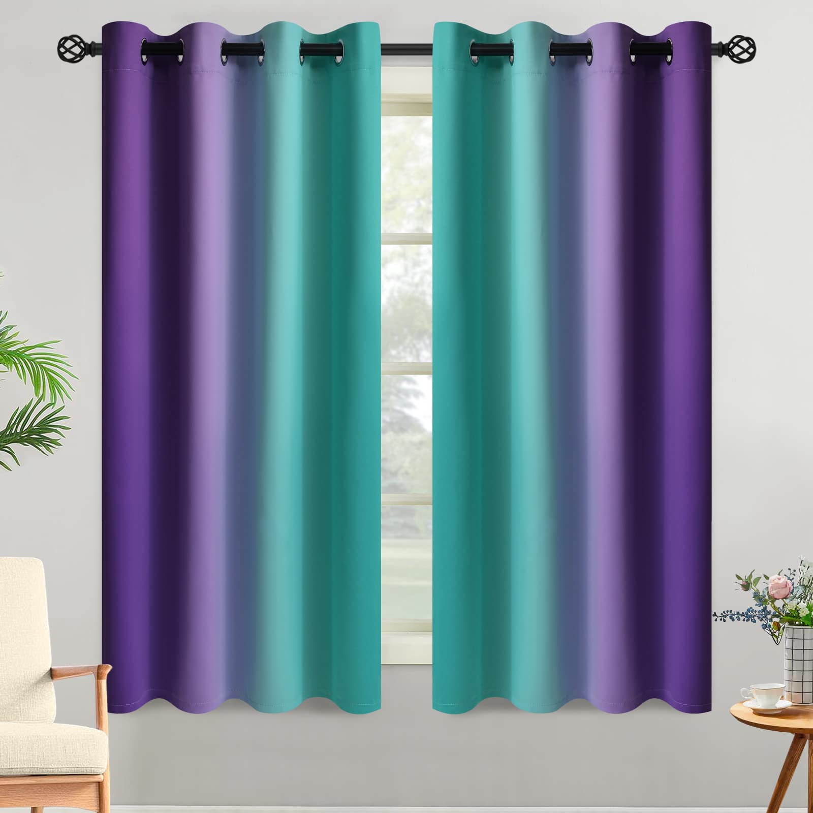 Yakamok Blue and Greyish White Ombre Curtains, Room Darkening Gradient Color Curtains for Bedroom, Light Blocking Thermal Insulated Window Drapes for Living Room(2 Panels, 52x84 Inch)