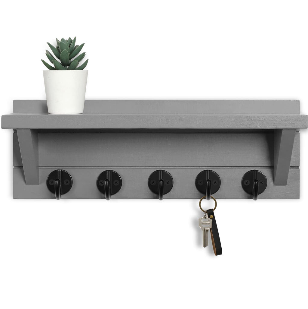 Wall Key Holder with Shelf, Rustic Shelf with Hooks Made of Paulownia Wood Holds Keys, Dog Leash, Bags and More - 13.7" W x 4.7" H x 3.5" D Decorative Key Hanger and Entryway Shelf (Gray)