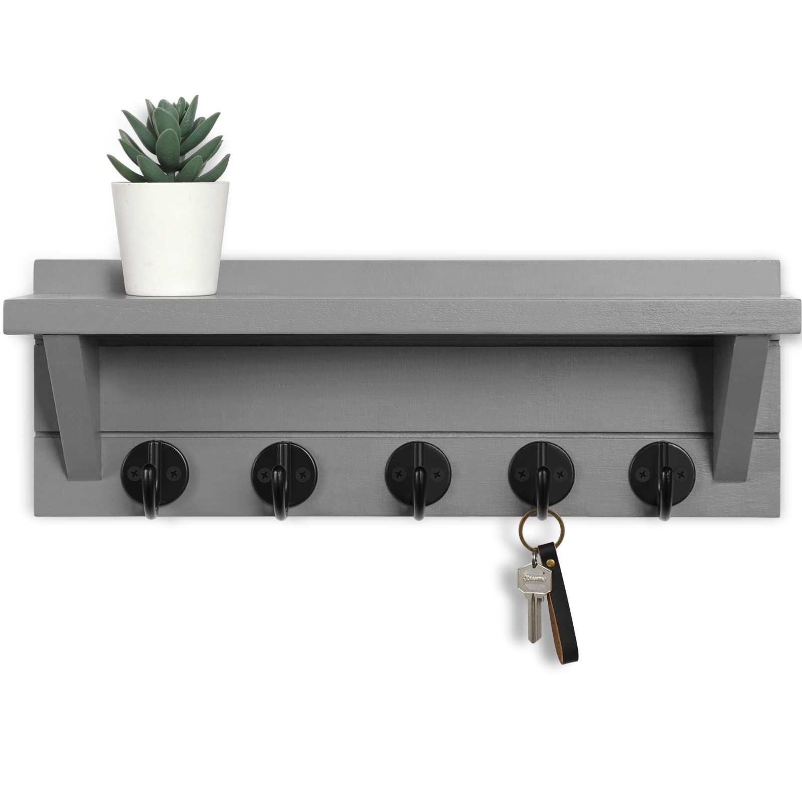 Wall Key Holder with Shelf, Rustic Shelf with Hooks Made of Paulownia Wood Holds Keys, Dog Leash, Bags and More - 13.7" W x 4.7" H x 3.5" D Decorative Key Hanger and Entryway Shelf (Gray)