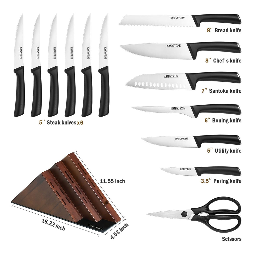 KINGSTONE 14-Piece Kitchen Knife Set with Block, High-Carbon Stainless Steel Knives Set, Ergonomic Non-Slip Handle, Professional Knife Set for Kitchen for Home Cooking & Gifting, Walnut