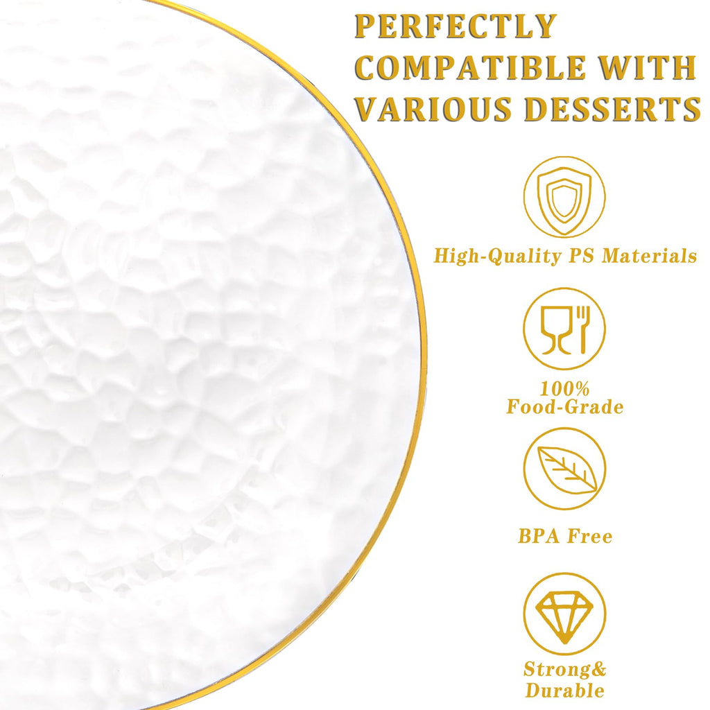 DaYammi 100 Pcs Clear Gold Plastic Plates, Hammered Party Plate, Fancy Plastic Plates Disposable Clear Disposable Dessert Platos, 7 Inch Heavy duty Plastic Dessert Platos for Party & Wedding
