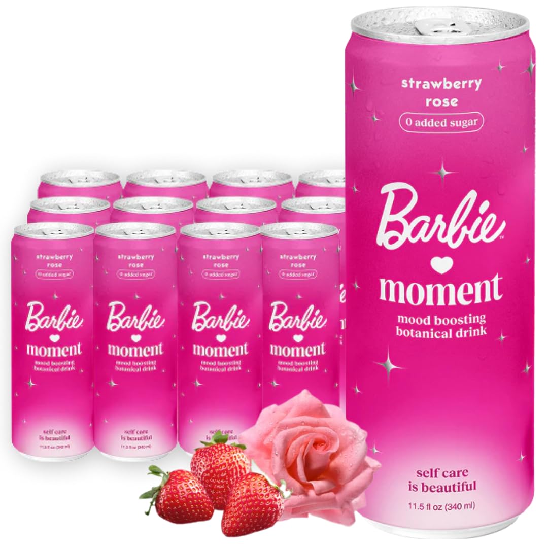 Moment x Barbie Botanical Soda Soft Drink - Sparkling Drinks | Strawberry Rose | L-Theanine & Ashwagandha for Calm & Clarity | 0 Added Sugar 0 Caffeine | 12-pack