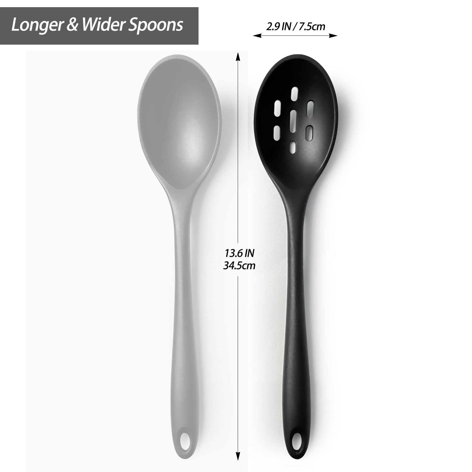 Silicone Spoons for Cooking - Extra Large Kitchen Spoons for Mixing, Serving, & Stirring - 600°F Heat-Resistant Non Stick Utensils Ladle & Skimmer- Dishwasher Safe, Black