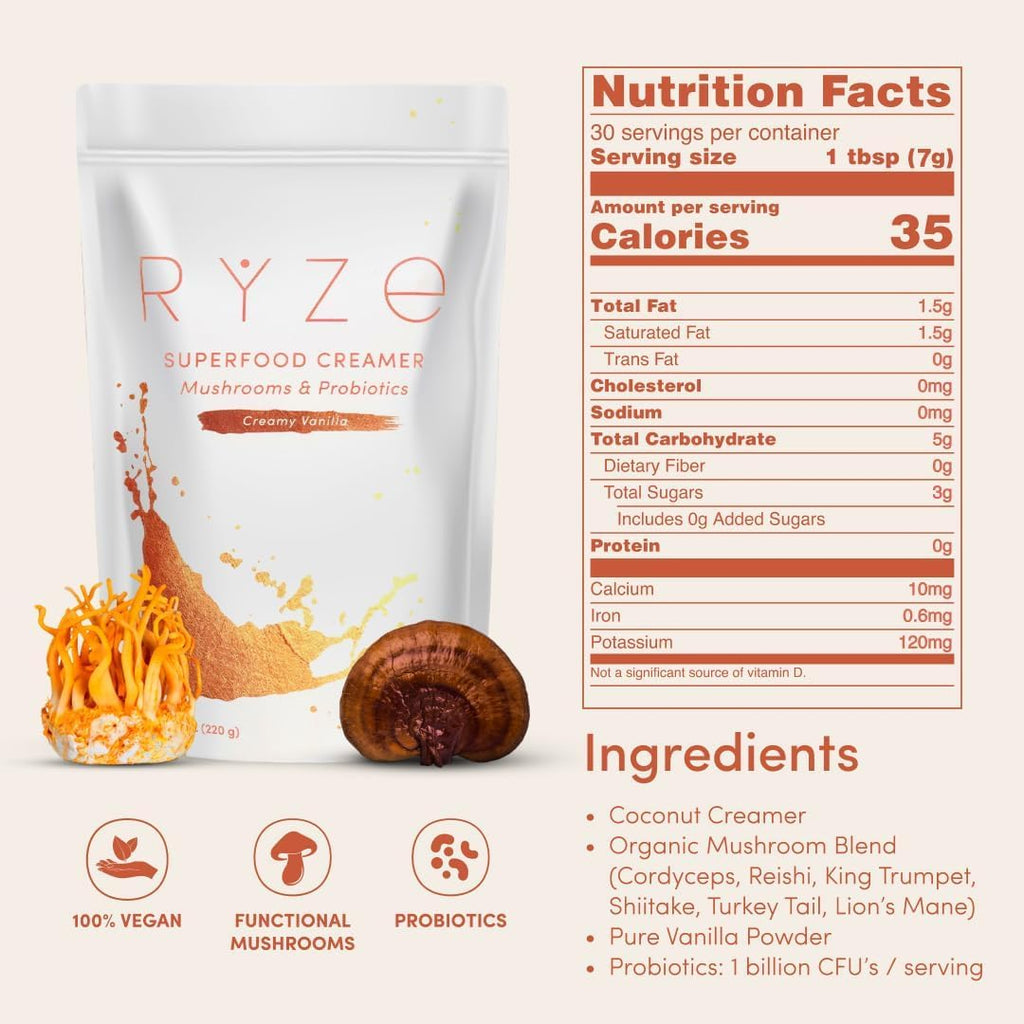 RYZE SUPERFOODS Mushroom Medium Roast Coffee Starter Kit, USDA Organic Instant Coffee with 6 Adaptogenic Mushrooms and for Energy, Focus, Digestion, Immunity with Lions Mane & Turkey Tail 60 Serving