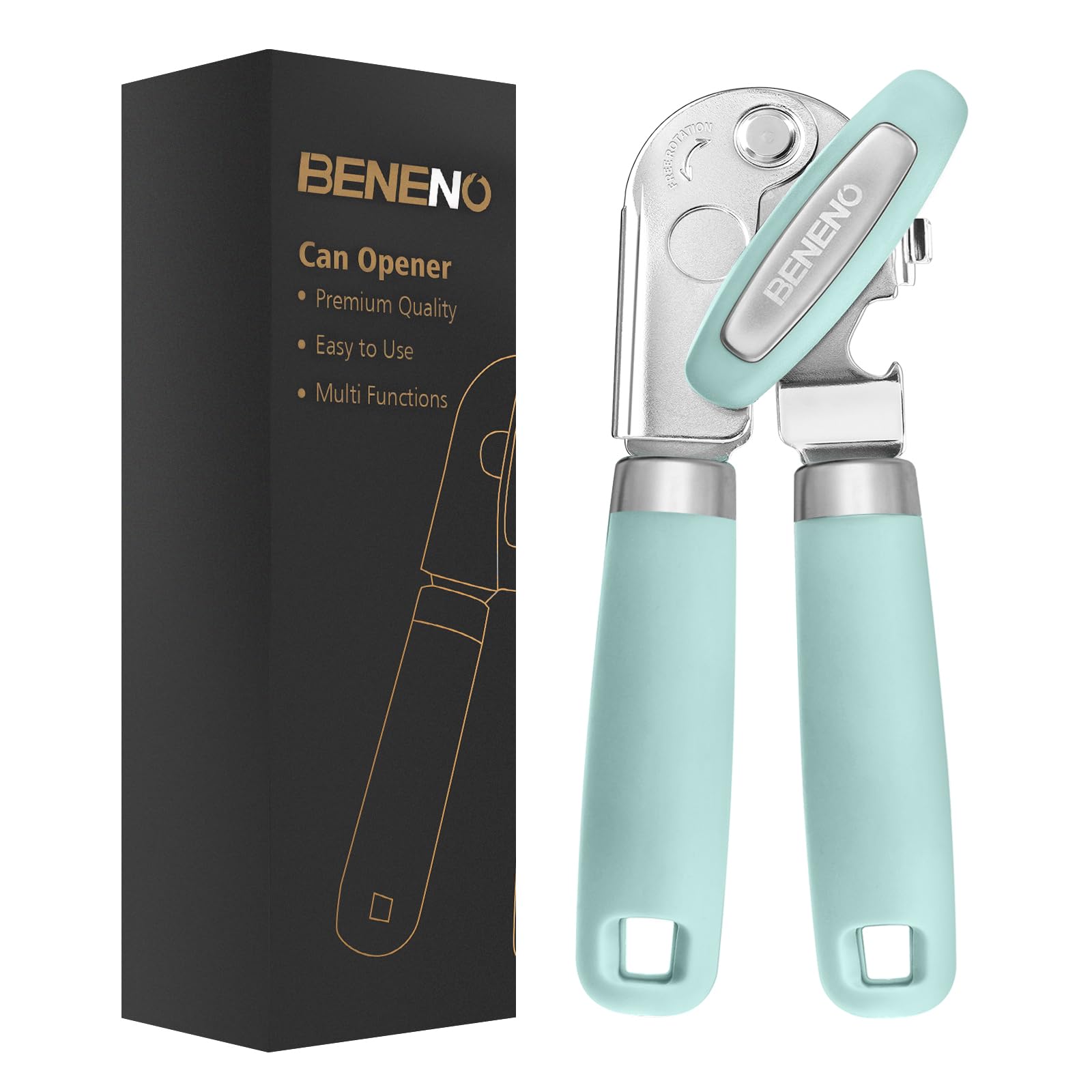 Beneno Heavy Duty Hand Can Opener Manual with Magnet, Durable Sharp Carbon Steel Blade Smooth Cutting, Big Effort-Saving Knob & Soft Grip Handle, Multifunctional Kitchen Tool with Bottle Opener, Green