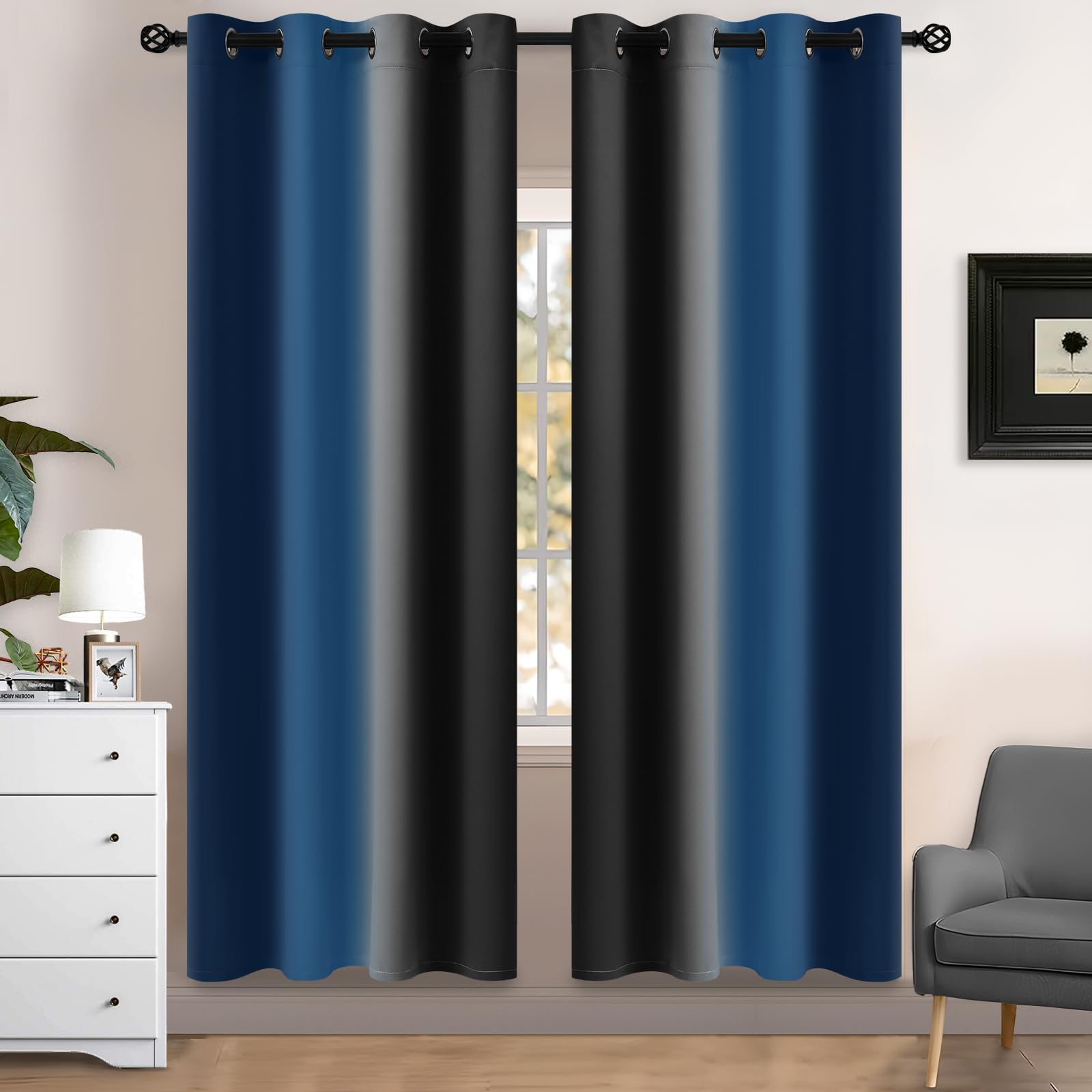 Yakamok Blue and Greyish White Ombre Curtains, Room Darkening Gradient Color Curtains for Bedroom, Light Blocking Thermal Insulated Window Drapes for Living Room(2 Panels, 52x84 Inch)