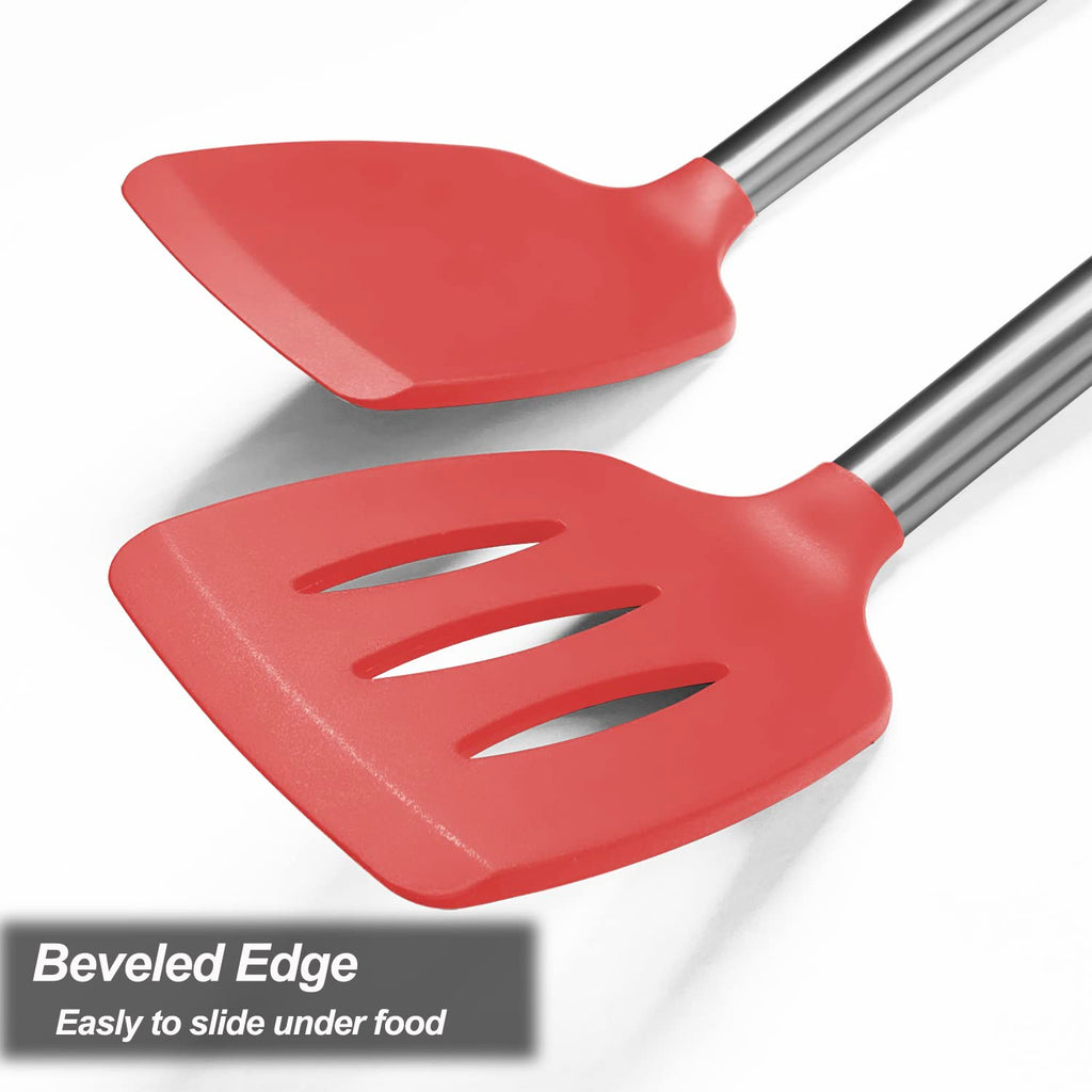 2 Pack Spatulas, Solid & Slotted Silicone Spatula Set, Stainless Steel Handle Coated with Silicone, Non Stick Turners, Heat Resistant Rubber Spatulas for Fish, Eggs, Pancakes, WOK, Black