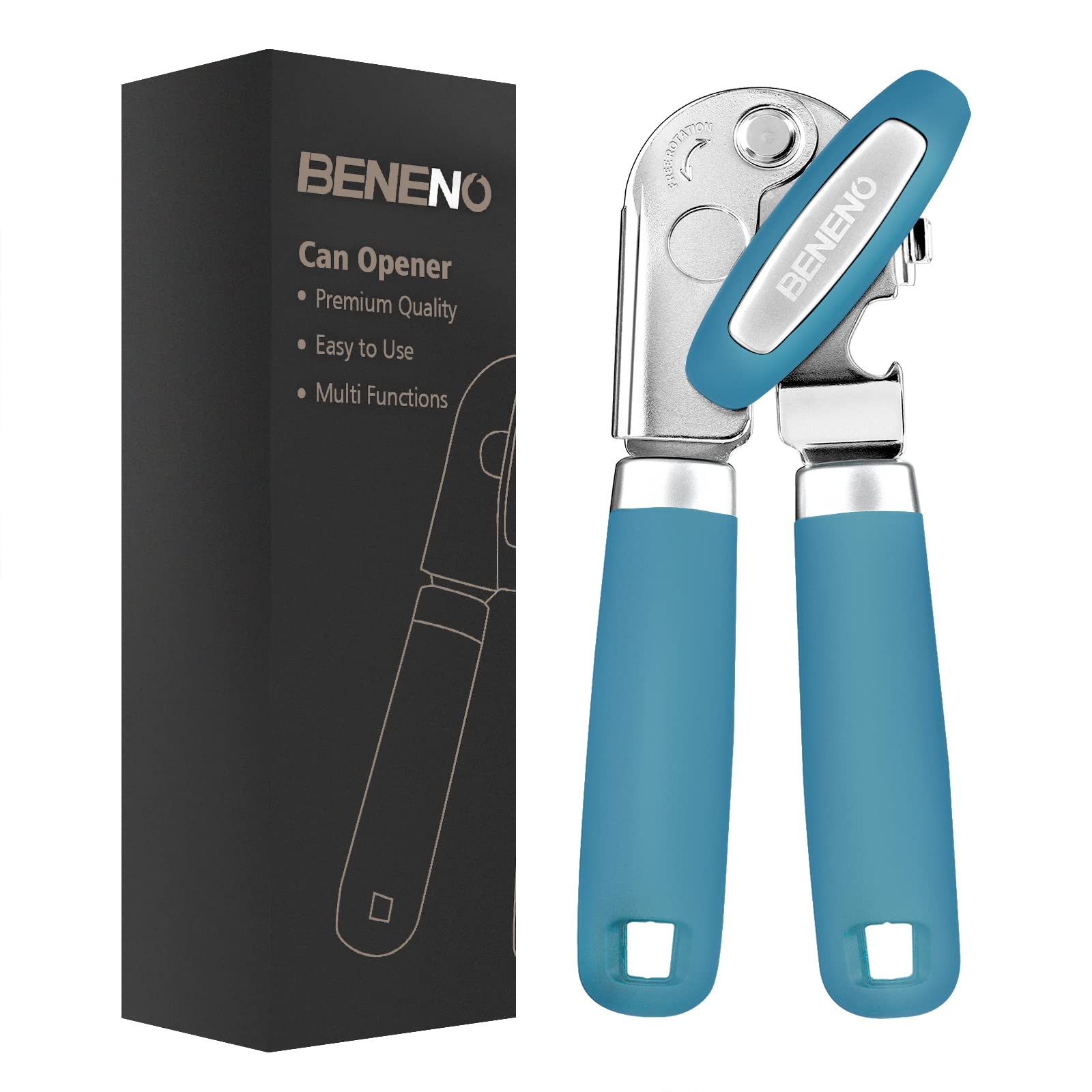 Beneno Heavy Duty Hand Can Opener Manual with Magnet, Durable Sharp Carbon Steel Blade Smooth Cutting, Big Effort-Saving Knob & Soft Grip Handle, Multifunctional Kitchen Tool with Bottle Opener, Green