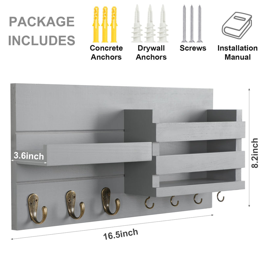 Mail Organizer for Wall Mount – Key Holder with Shelf Includes Letter Holder and Hooks for Coats, Dog Leashes – Rustic Wood with Flush Mounting Hardware (16.5” x 8.7” x 3.5”)