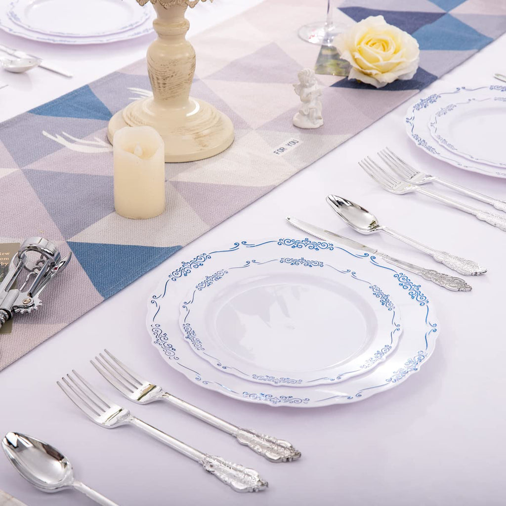 DaYammi 60PCS Blue and White Plastic Plates Blue Rim White Disposable Plates Blue White Party plates Include:30 Plastic Dinner Plate 30 Dessert plate and Wedding & Party Dining