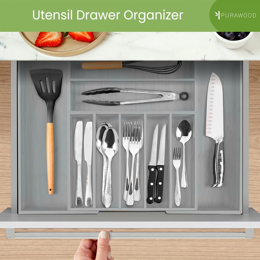 Purawood Bamboo Drawer Organizer - Expandable Silverware Organizer & Utensil Drawer Organizer, Cutlery Tray with Dividers, 7-9 Slots- Kitchen Organizer for Utensils & Flatware (Natural)