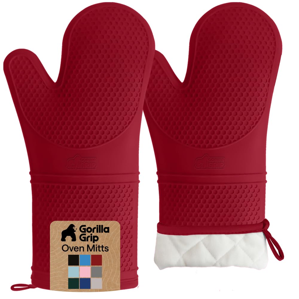 GORILLA GRIP BPA-Free Soft Silicone Oven Mitts, Heat Resistant and Waterproof Cooking Safety Gloves, Thick Cotton Lining, Flexible Gripping, Kitchen Potholders Set, for Grilling, BBQ, 12.5x8.3, Black