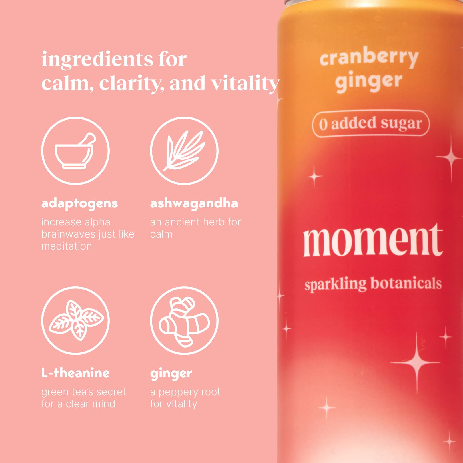 Moment Botanical Soda (Shark Tank) - Calm, Clarity & Relaxation with L-Theanine & Ashwagandha - Non Alcoholic Drinks for Adults - Sparkling Adaptogen Drink - 0 Sugar 0 Caffeine - 12 Pack 11.5 fl oz