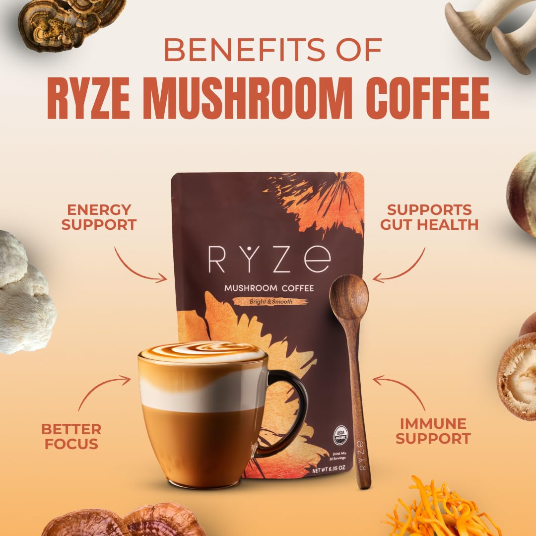 RYZE SUPERFOODS Mushroom Medium Roast Coffee (30 Servings) + Mushroom Overnight Oats (7 Servings), USDA Organic with 6 Adaptogenic Mushrooms