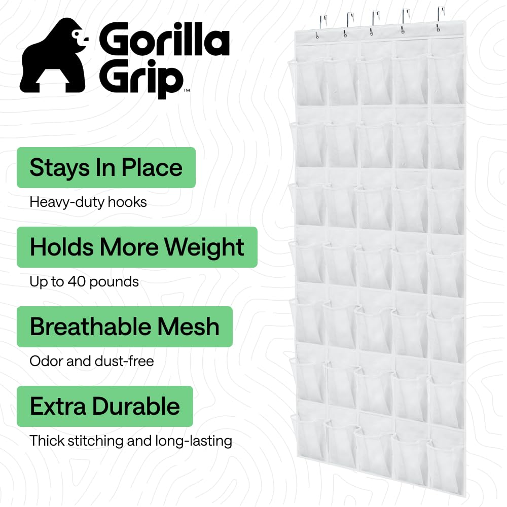 GORILLA GRIP Over the Door Shoe Organizer, 24 Large Breathable Mesh Pockets, Space Saving Hanging Storage Holder, Closet Rack Hanger Holds Up to 40 lbs, Hangs on Closets for Shoes, Accessories, Black