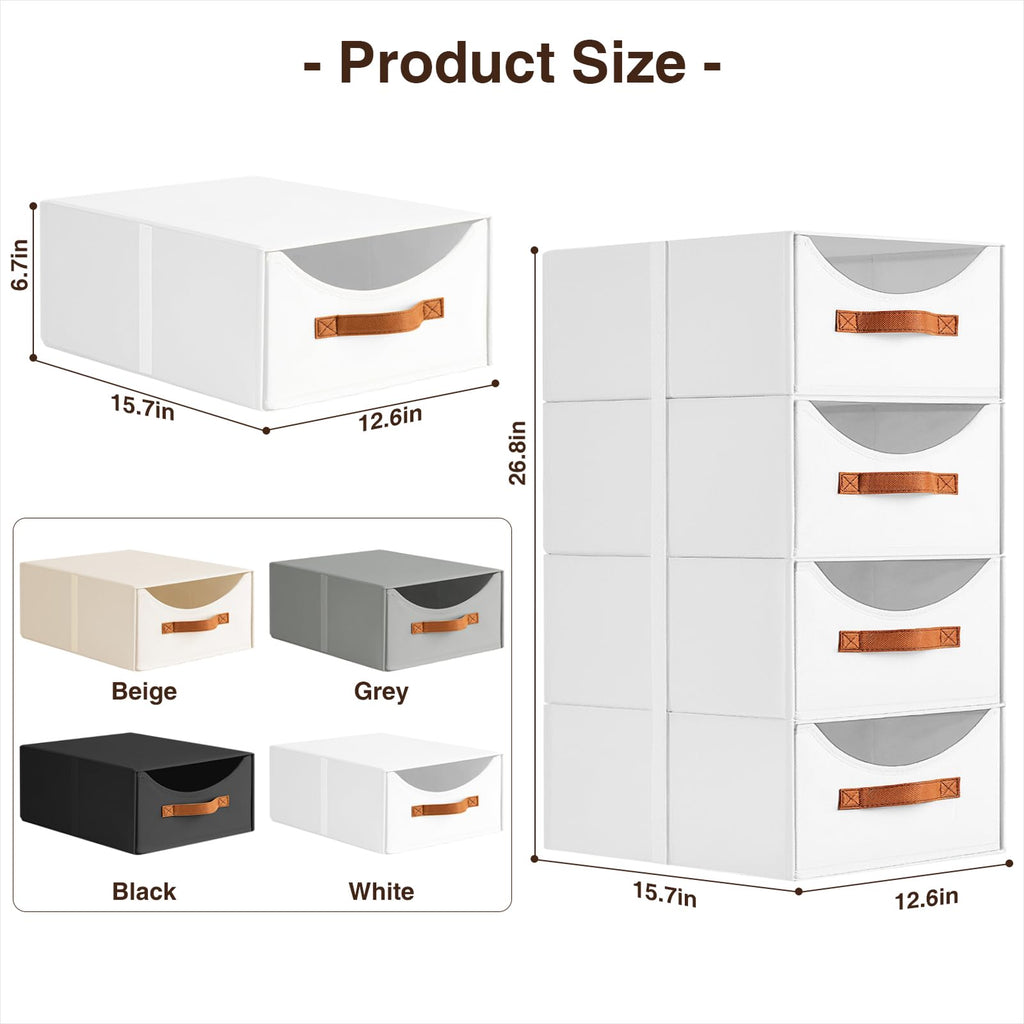 Homsorout Stackable Storage Drawers - Collapsible Storage Bins with Drawers, 4 Pack Closet Shelf Organizer Basket, Fabric Pull Out Organizer for Bedroom, Living Room, Dorm, Beige