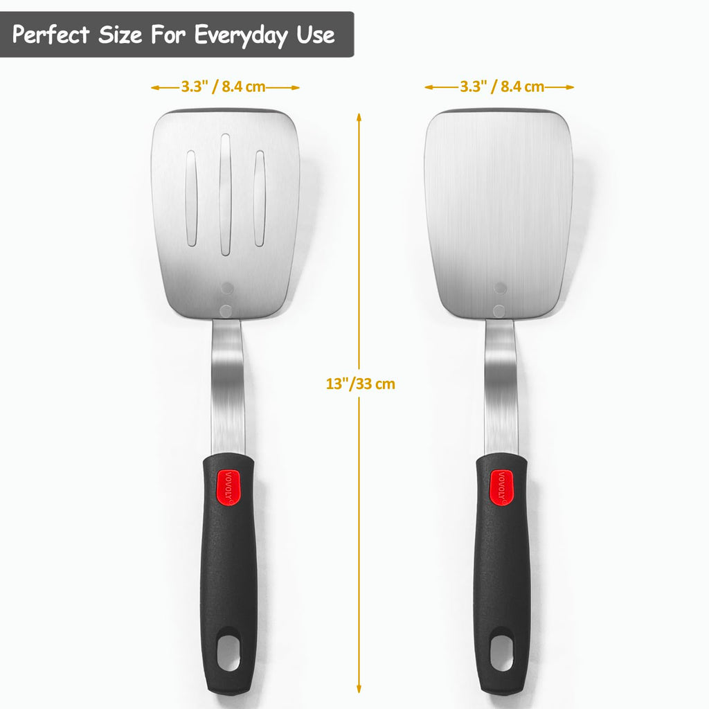 Stainless Steel Spatula Turner, Slotted Metal Spatula for Kitchen Use,VOVOLY Heavy Duty Cooking Turner, Wide Blade with Beveled Edge and Heat Resistant Silicone Handle, Dishwasher Safe