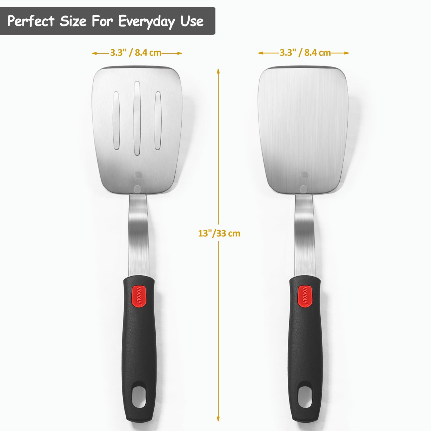 Stainless Steel Spatula Turner, Slotted Metal Spatula for Kitchen Use,VOVOLY Heavy Duty Cooking Turner, Wide Blade with Beveled Edge and Heat Resistant Silicone Handle, Dishwasher Safe