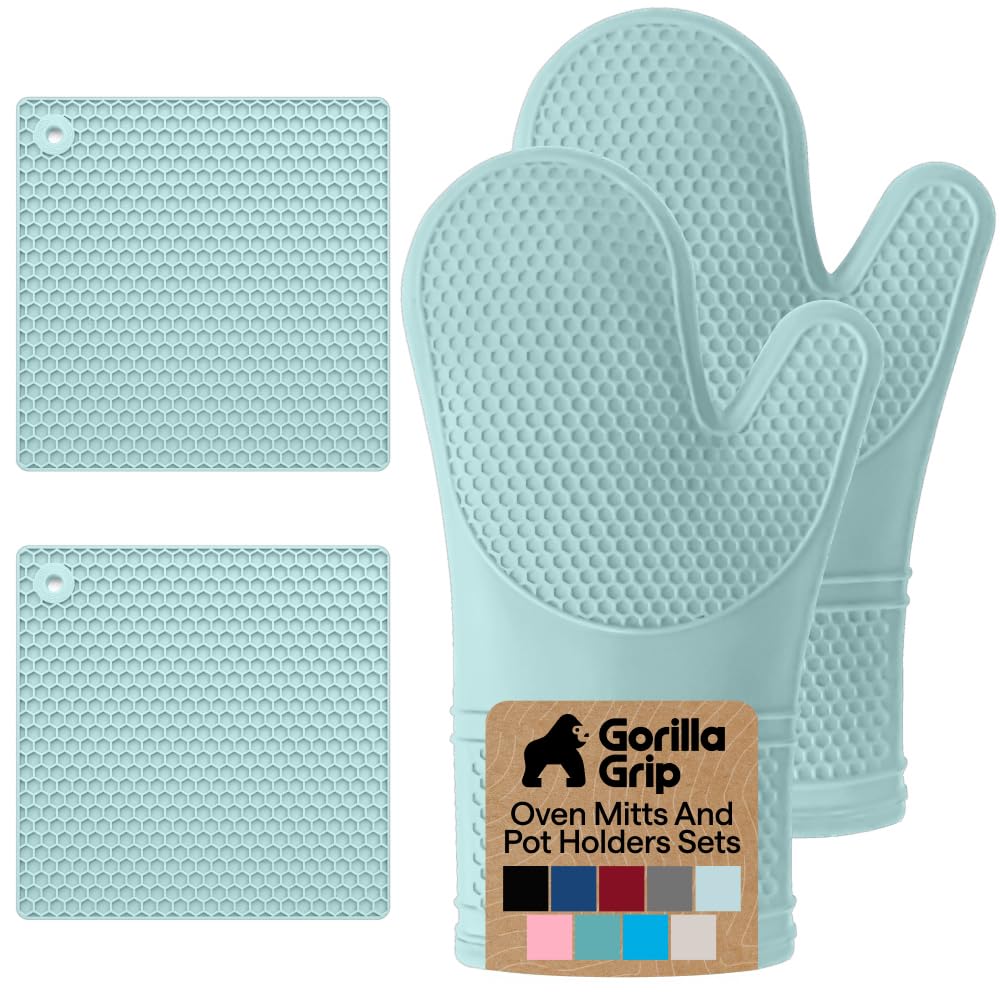 GORILLA GRIP BPA-Free Soft Silicone Oven Mitts, Heat Resistant and Waterproof Cooking Safety Gloves, Thick Cotton Lining, Flexible Gripping, Kitchen Potholders Set, for Grilling, BBQ, 12.5x8.3, Black