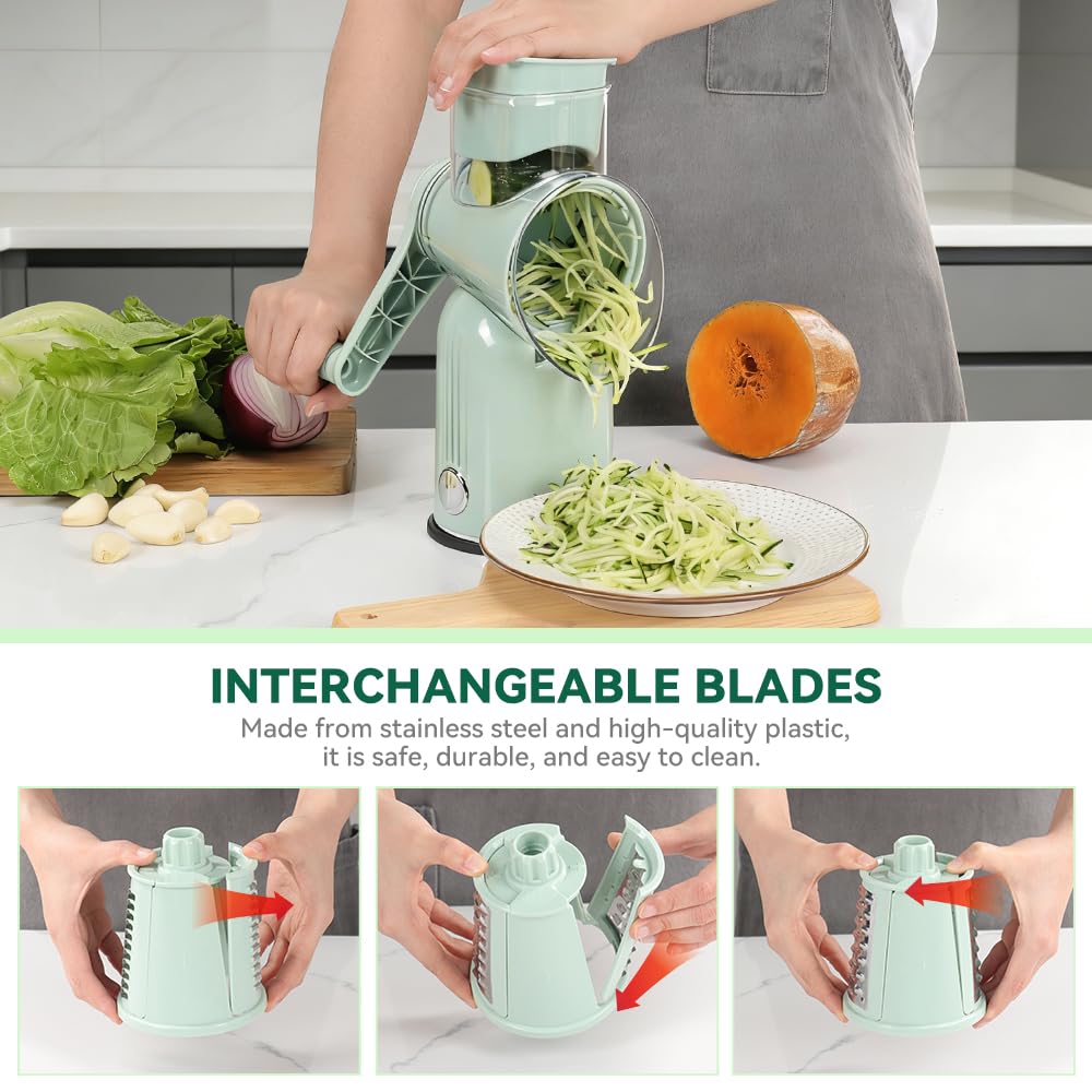 KEOUKE Rotary Cheese Grater 5 in 1 Green - Hand Crank Vegetable Cutter, Shredder, Slicer, Enlarge Input, Suction Base, Labor-Saving Handle, Blade Storage Box, for Onion, Potato, Vegetable, Nuts, etc