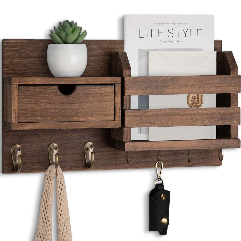 Wall Mount Key Holder with Mail Organizer, 100% Paulownia Wood, 7 Metal Hooks, Storage Drawer, Entryway Home Decor (Brown)