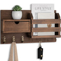 Wall Mount Key Holder with Mail Organizer, 100% Paulownia Wood, 7 Metal Hooks, Storage Drawer, Entryway Home Decor (Brown)