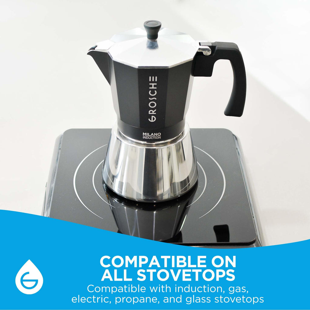 GROSCHE Milano Moka pot, Stovetop Espresso maker, Greca Coffee Maker, Stovetop coffee maker and espresso maker percolator (Grey, 6 cup)