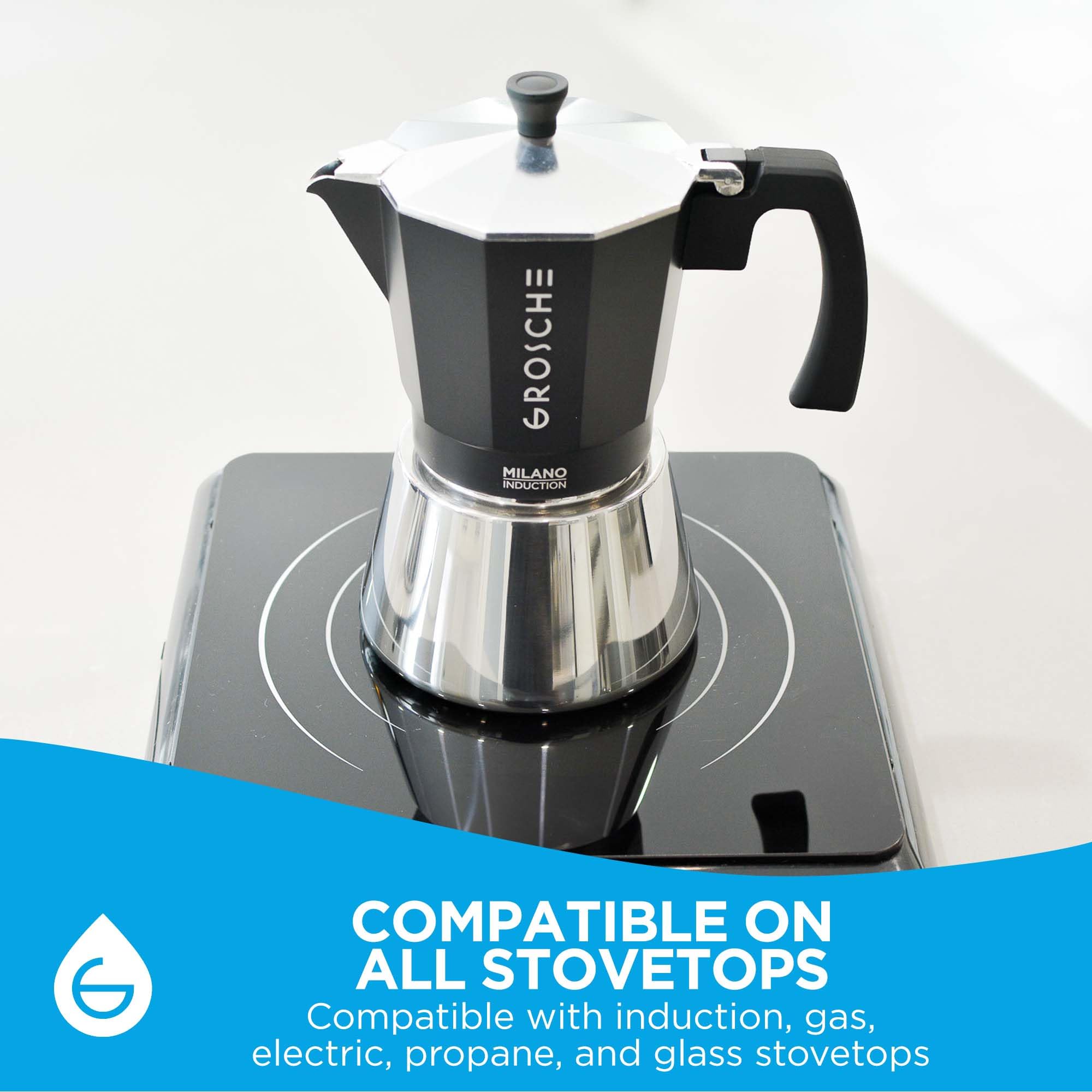 GROSCHE Milano Moka pot, Stovetop Espresso maker, Greca Coffee Maker, Stovetop coffee maker and espresso maker percolator (Grey, 6 cup)
