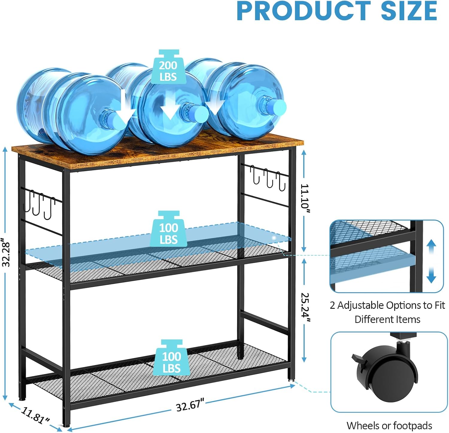 ThreeHio 20 Gallon Fish Tank Stand, 3 Tier Aquarium Stand with Adjustable Shelf, 33.11" L* 15.75" W Tabletop, Heavy Duty Terrarium Stand with Lockable Wheels, Rolling Storage Cart Shelf Rack Organizer for Kitchen, Living Room, Office, Balcony