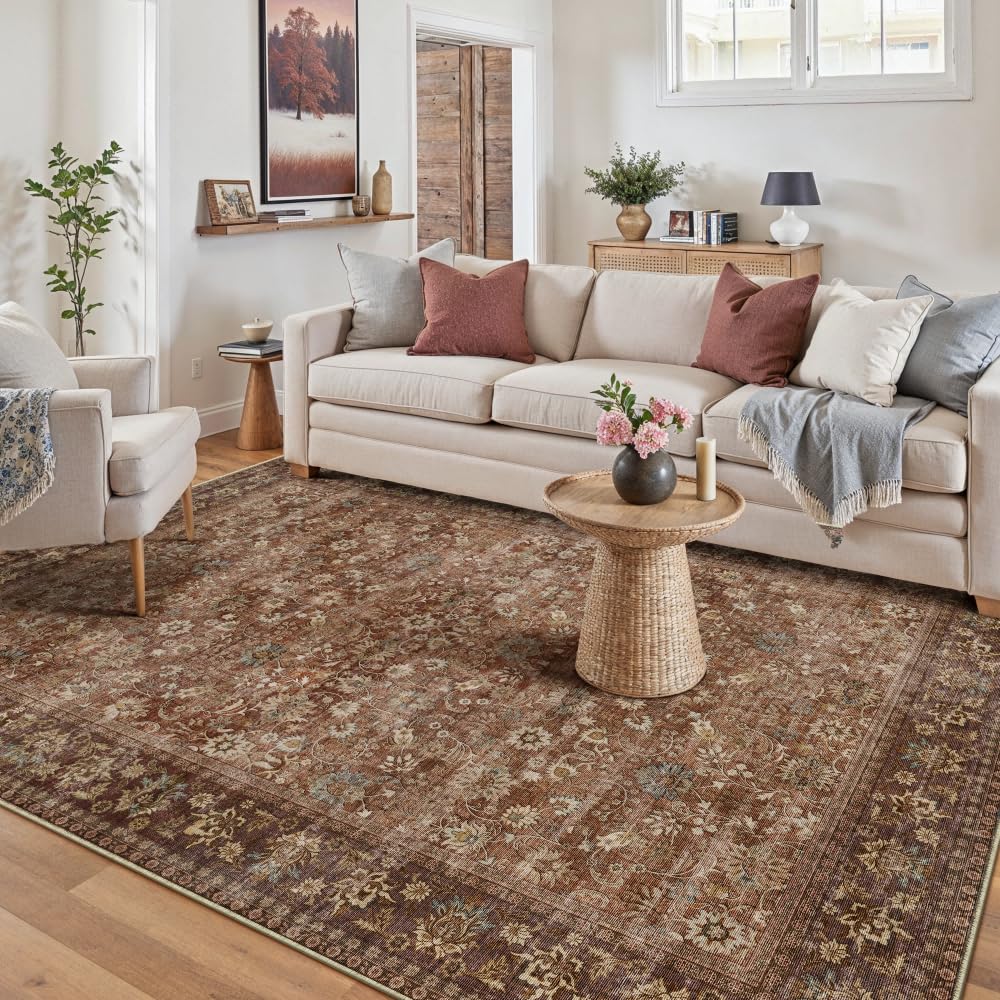HUGEAR 5x7 Machine Washable Rugs Brown Hallway Area Rug Indoor Accent Rug Floral Low Pile Carpet Soft Throw Aesthetic Rug Bedroom Living Room Office Dining Room Kitchen Laundry Room Non Slip