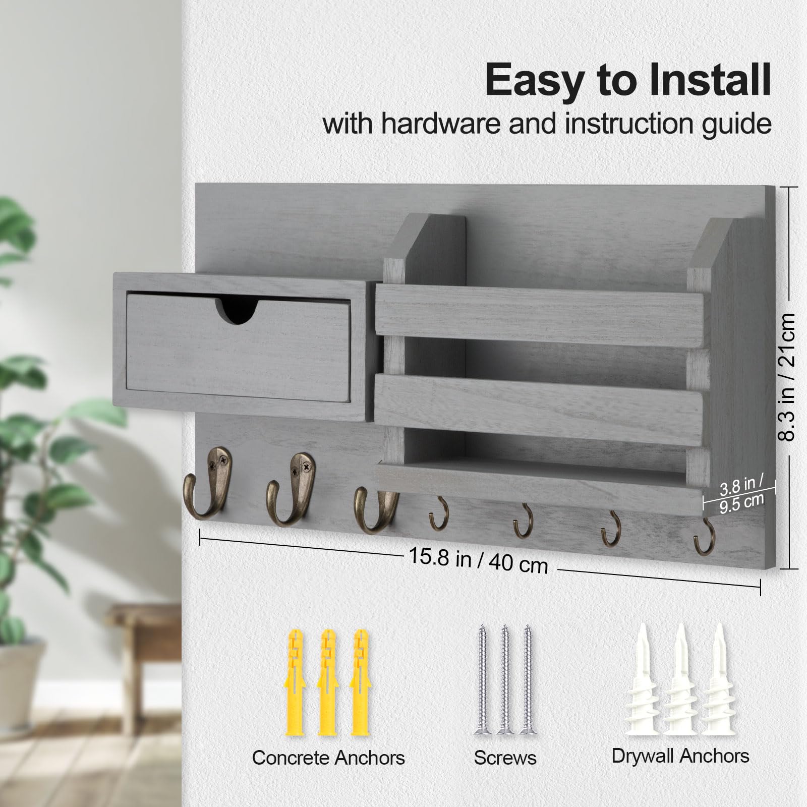 Wall Mount Key Holder with Mail Organizer, 100% Paulownia Wood, 7 Metal Hooks, Storage Drawer, Entryway Home Decor (Brown)