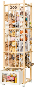 upsimples 58in Stuffed Animal Storage with Drawer and Wheels, Solid Wood Large Capacity Plushies Holder & Toy Organizer for Nursery, Kids Bedroom Corner and Play Room