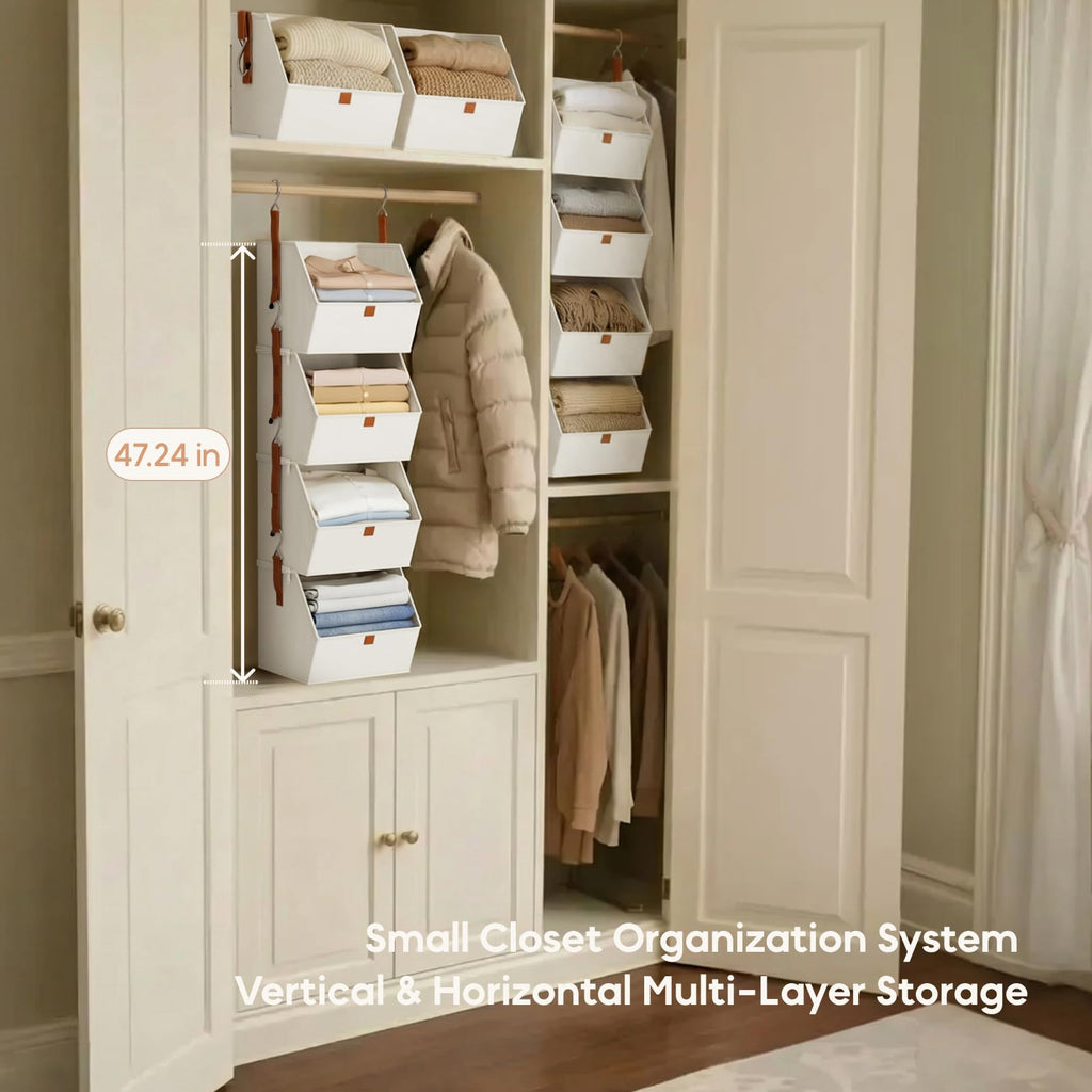 Homsorout Hanging Closet Organizer 4 Tier - Clothes Hanging Shelves, Space-Saving Closet System, Fabric Storage Bins Bedroom Organization, Collapsible Baskets for Home, Dorm, Rv, Beige