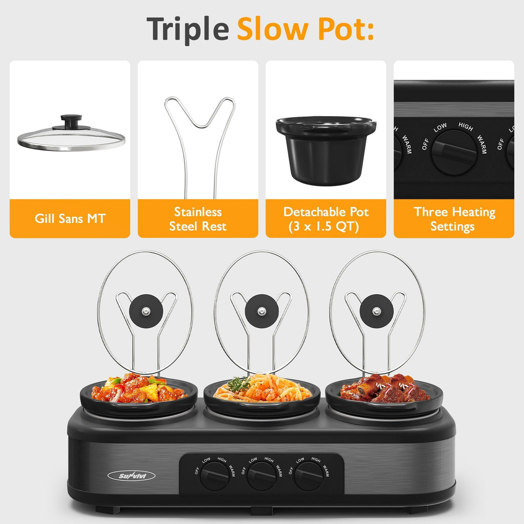 SUNVIVI Triple Slow Cooker, Buffet Food Warmer with 3 x 1.5 QT Removable Ceramic Pots, Buffet Servers and Warmers with Glass Lids and 3 Spoons, Stainless Steel, Blue