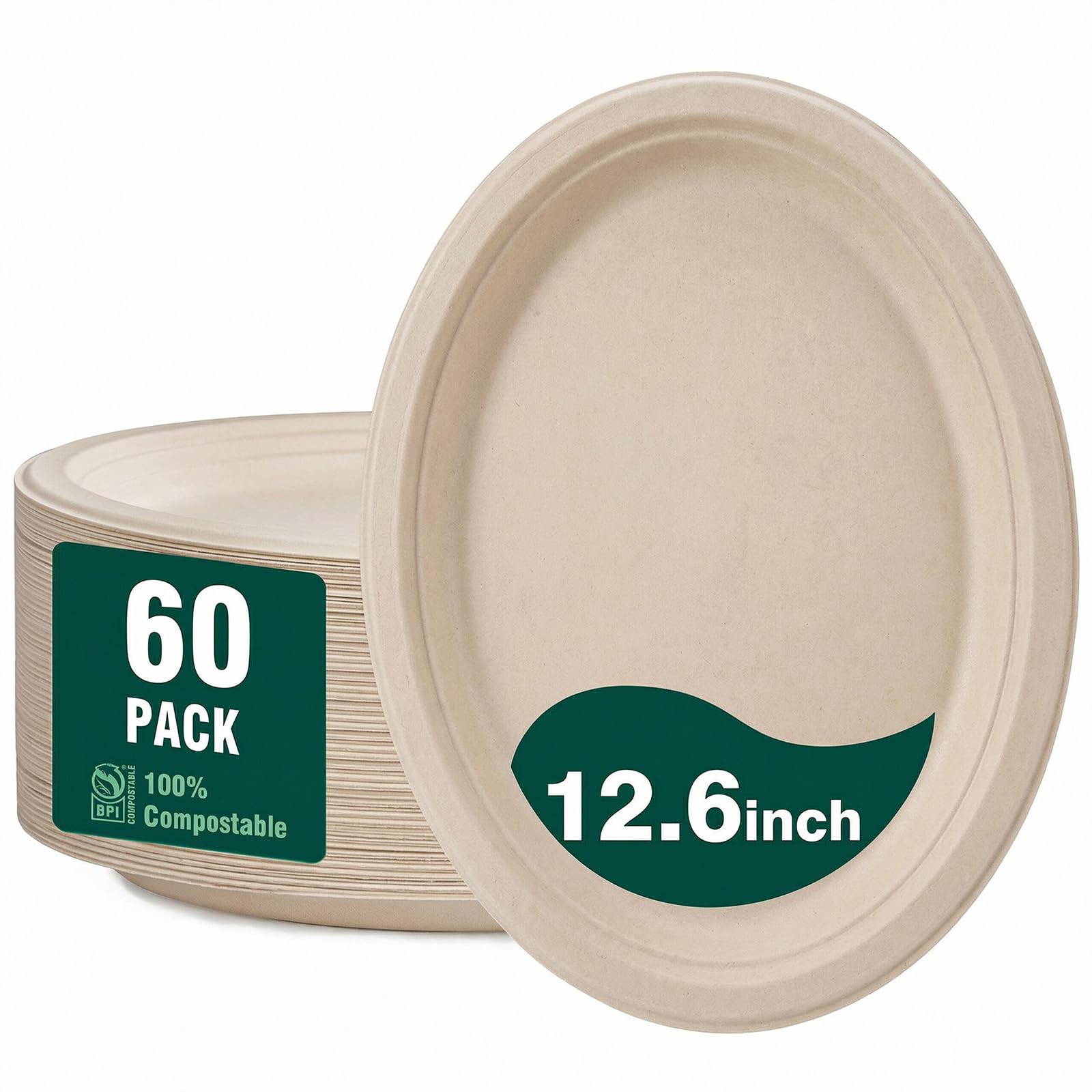 DaYammi 100% Compostable Oval Paper Plates 12 Inch, 60-Pack Heavy Duty Paper Plates Bulk,Biodegradable Bagasse,Eco-Friendly Disposable Dinner Plate for BBQ,Picnic,Party (BPI Certified,Microwaveable)