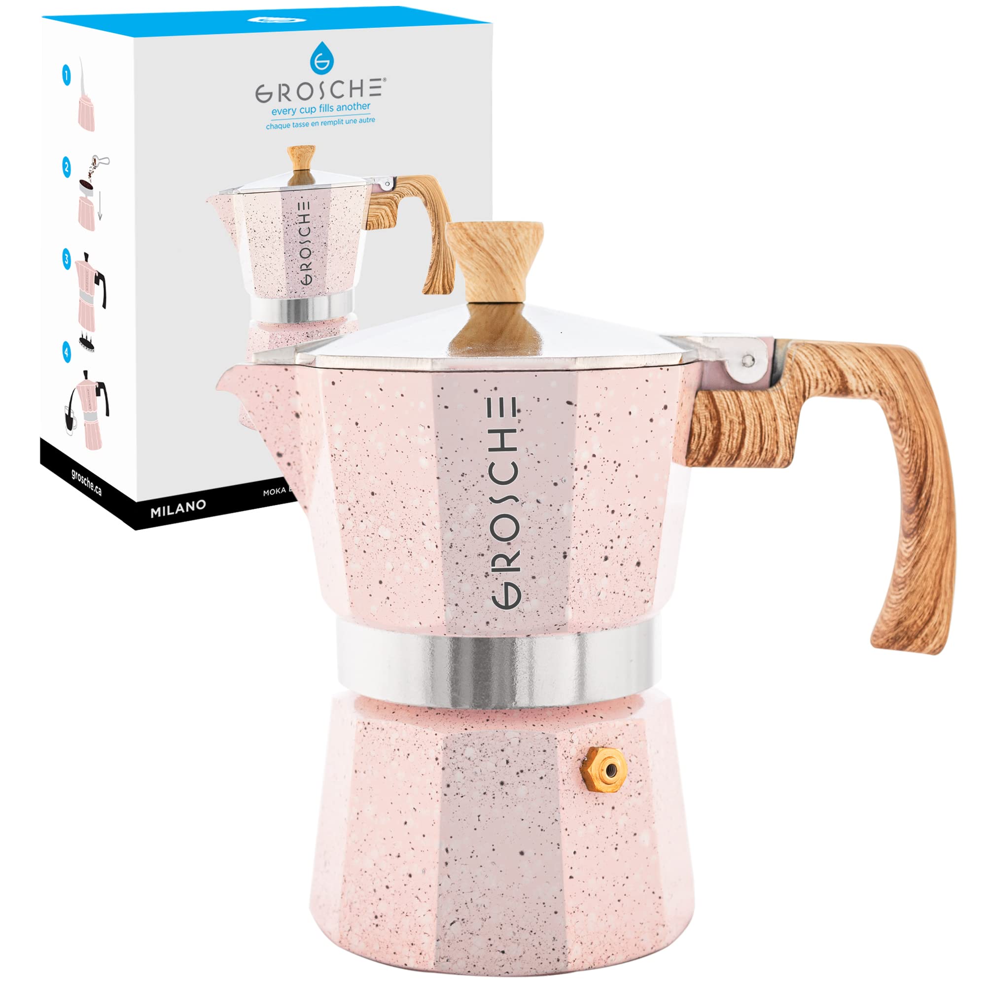 GROSCHE Milano Moka pot, Stovetop Espresso maker, Greca Coffee Maker, Stovetop coffee maker and espresso maker percolator (Grey, 6 cup)