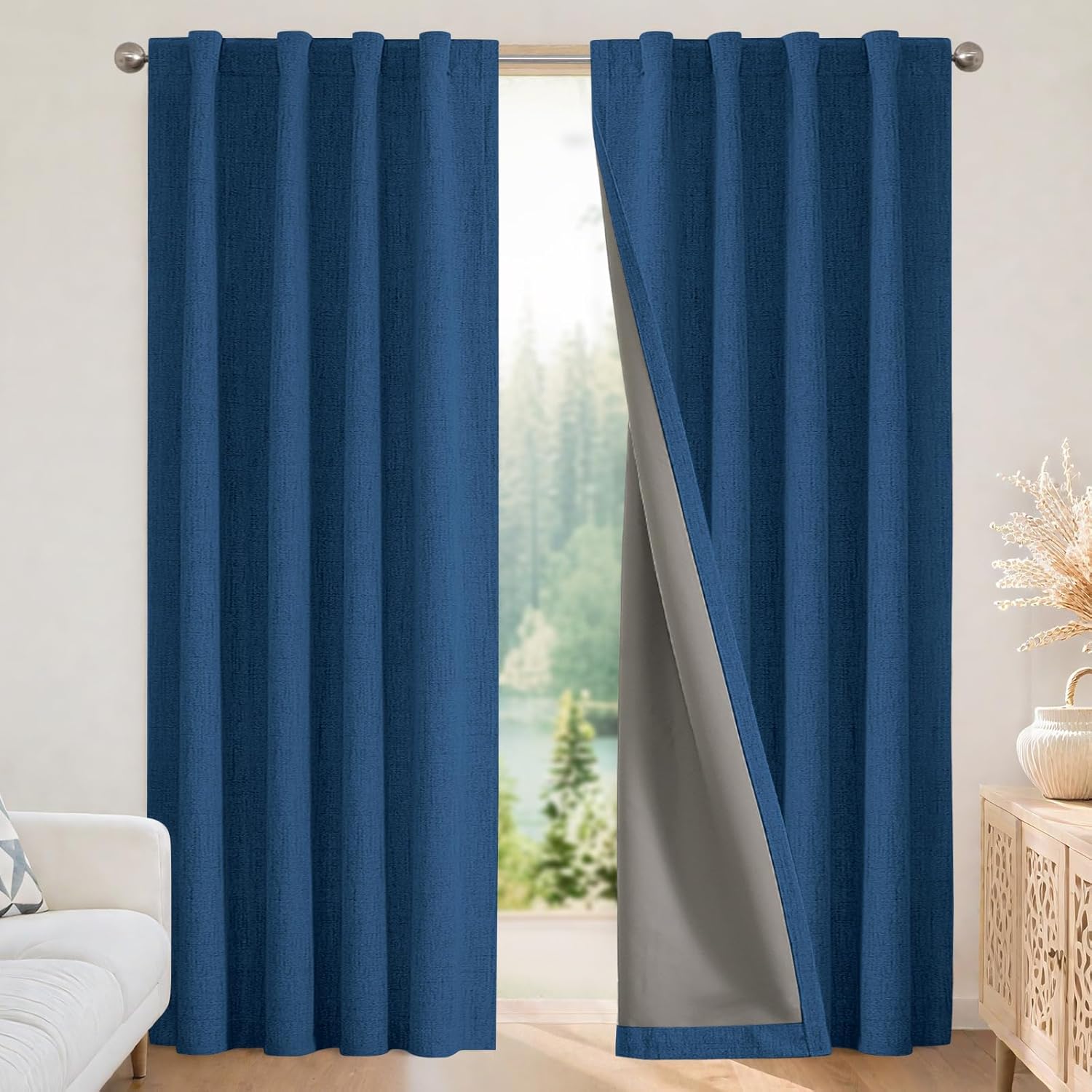 Joydeco Blackout Curtains for Bedroom - Nature Linen 84 Inch Long 100% Light Blocking 2 Panels Set, Rod Pocket & Back Tabs Living Room Drapes, Thermal Insulated Room Darkening Window Curtains