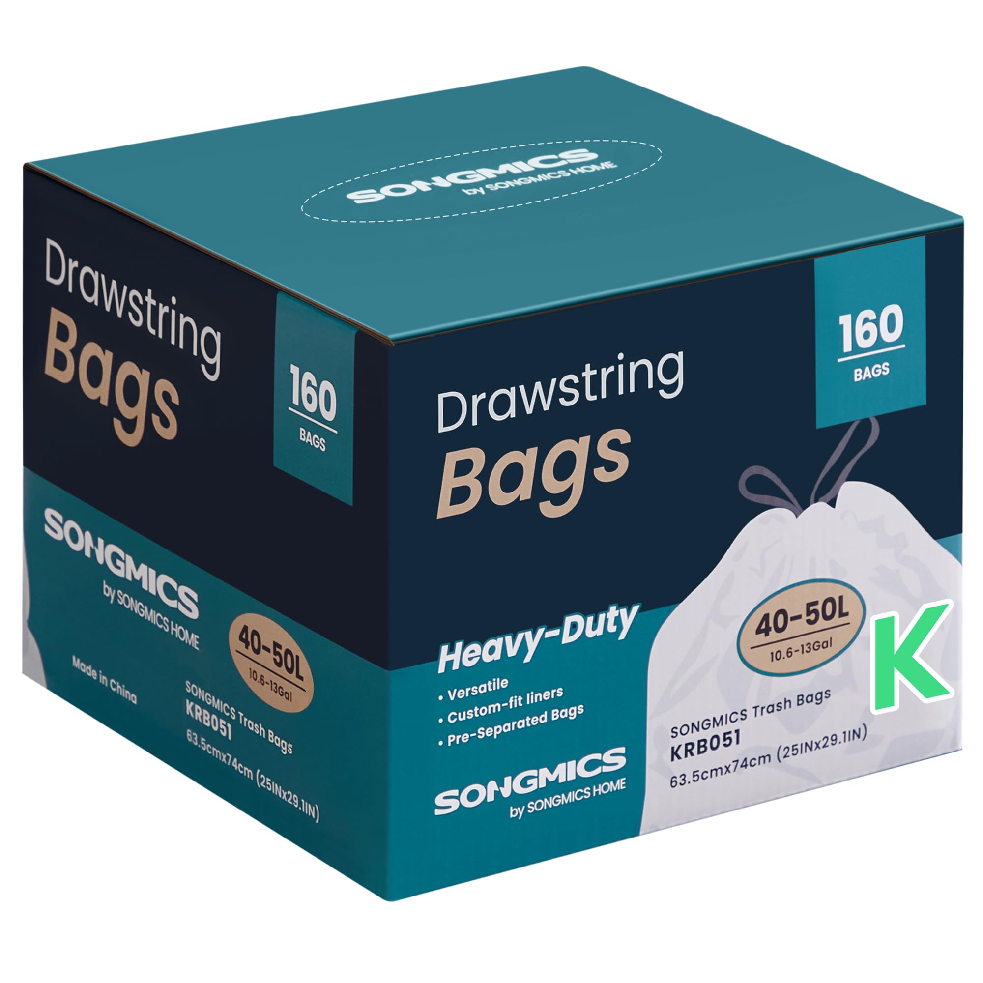 SONGMICS Trash Bags for 8-Gallon (30 L) Trash Cans, Drawstring Kitchen Garbage Bags, Pre-Separated, Liner Code 30A, 2 Rolls, 90 Count, White UKRB30A02